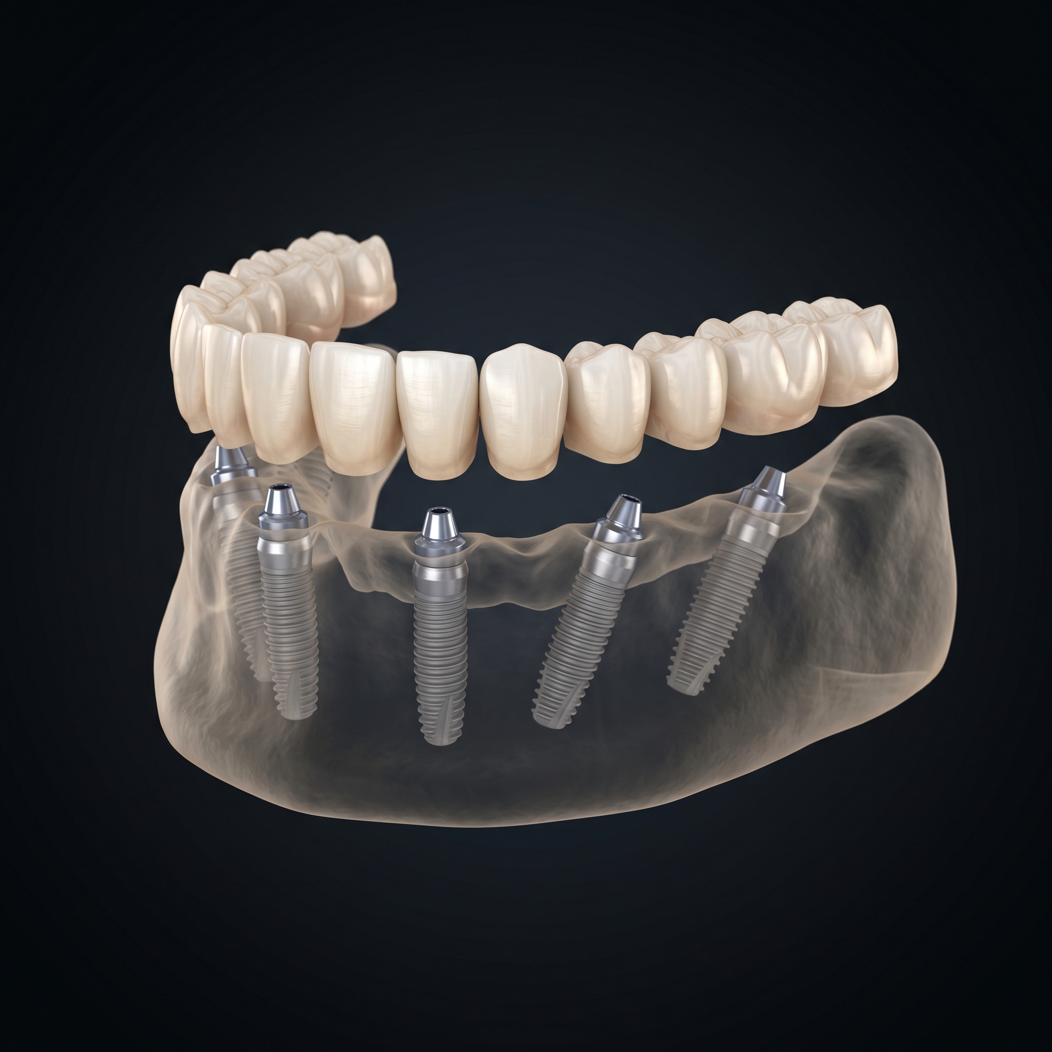 3D anatomical render of the All-on-4 dental implant protocol with four titanium implants supporting a full-arch zirconia bridge