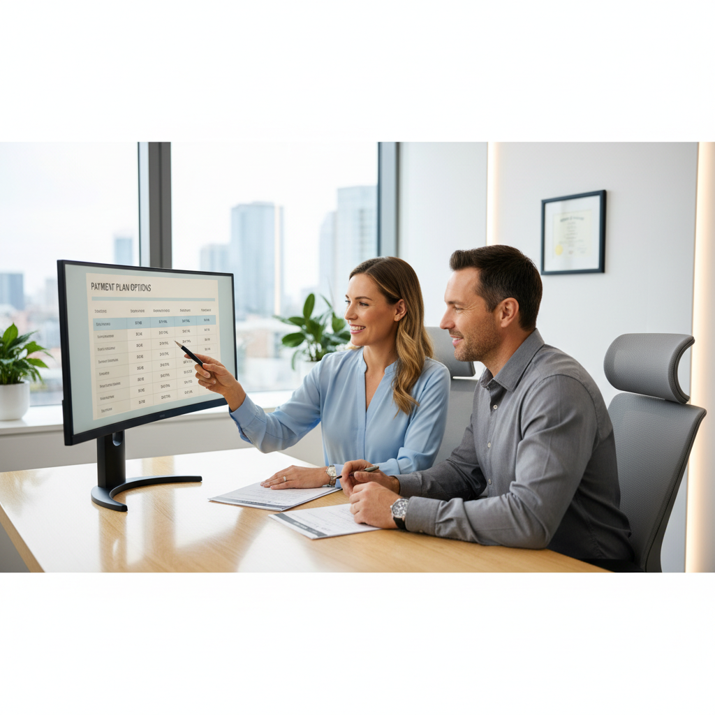 Treatment coordinator reviewing dental financing options with a patient at consultation desk