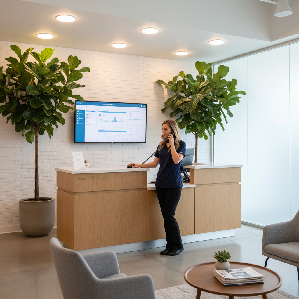 Dental front desk coordinator making patient follow-up call on practice management system