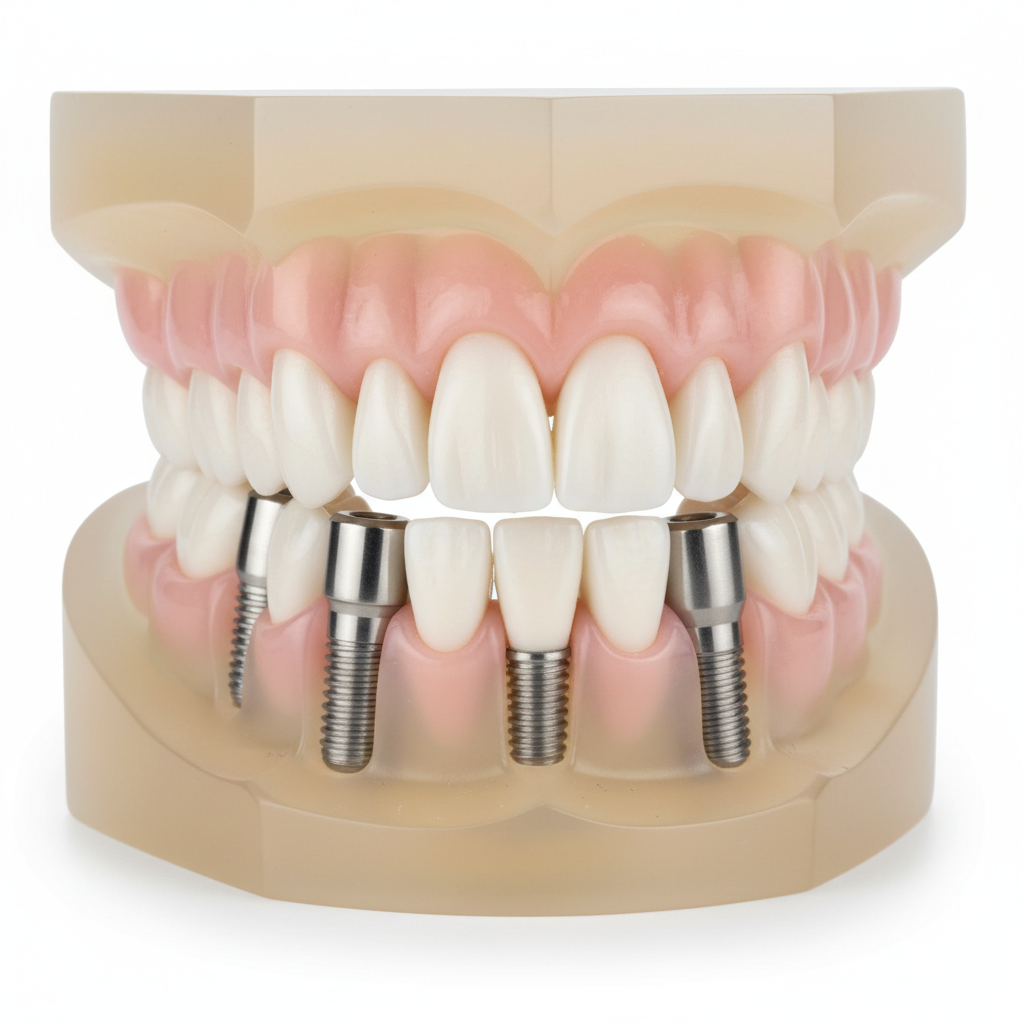 All-on-4 dental implant model showing full arch restoration with titanium implants