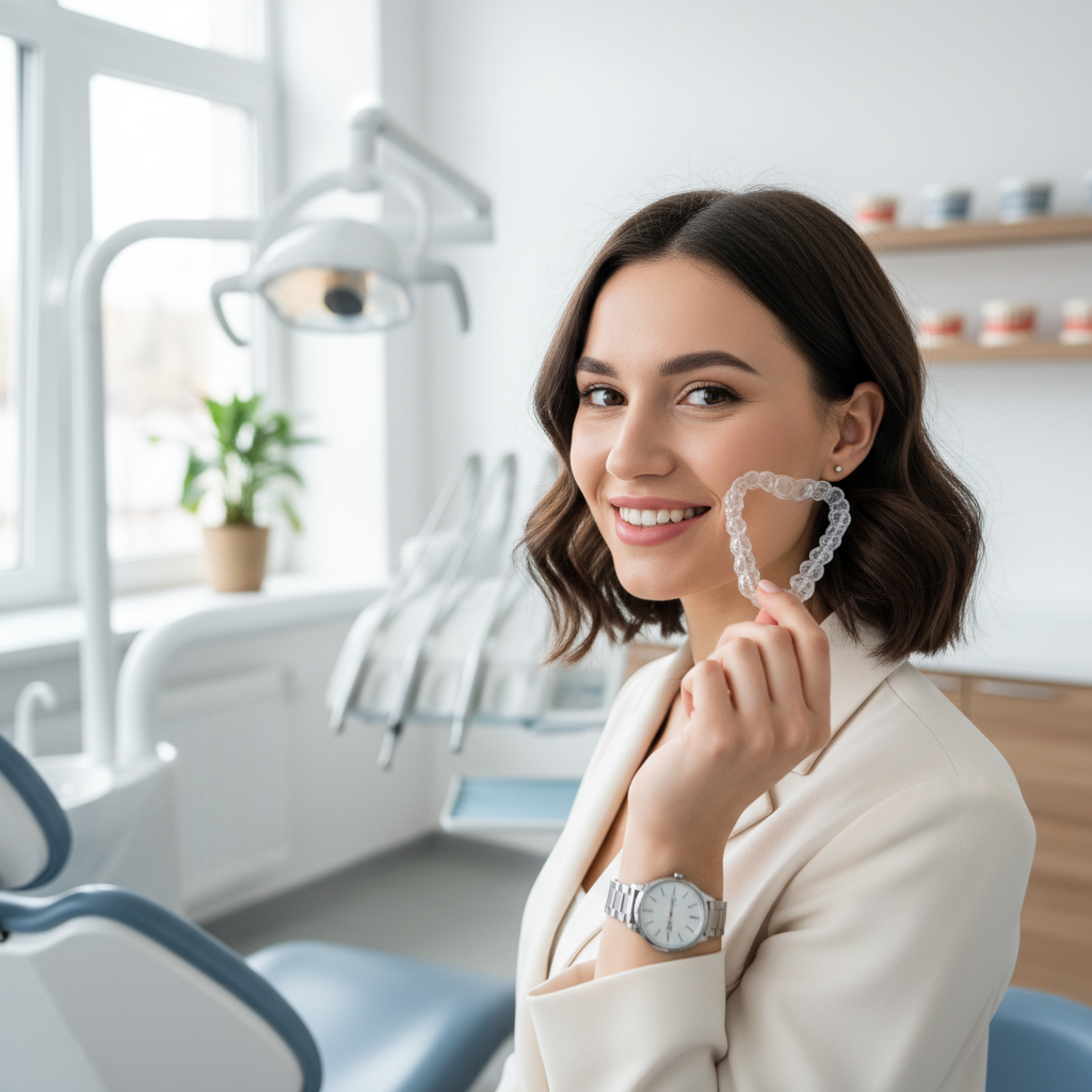 Patient holding clear Invisalign aligner tray with confident smile in modern dental office