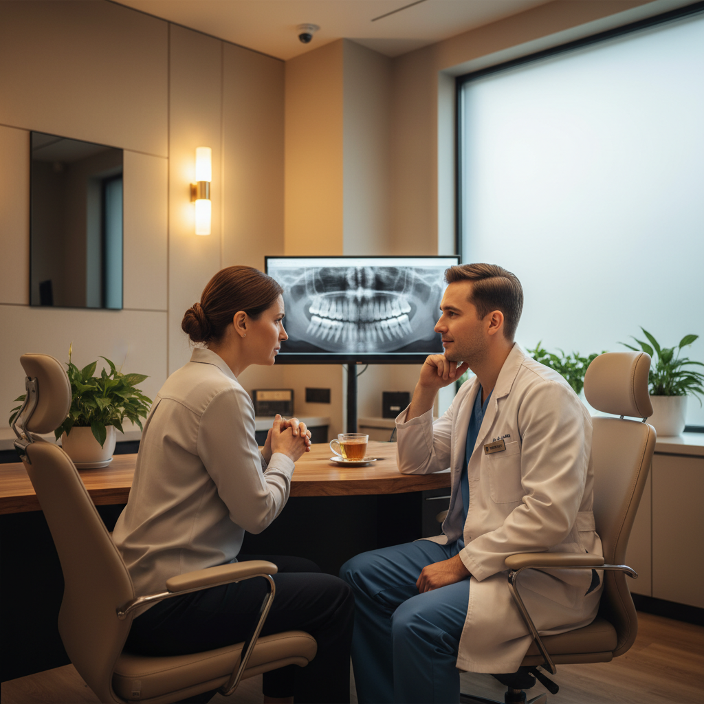 Patient asking questions about dental treatment cost during consultation while dentist listens attentively
