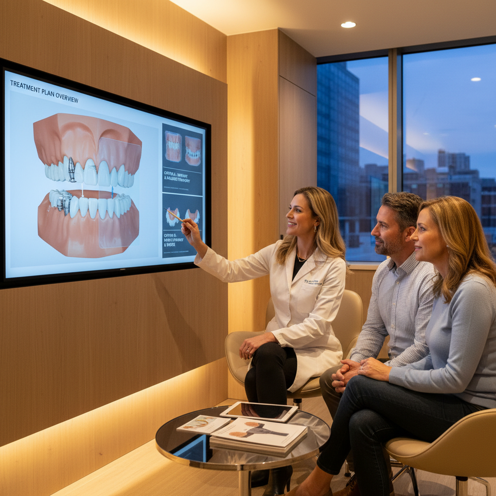 Dentist presenting dental implant treatment plan on digital screen to patients in consultation room