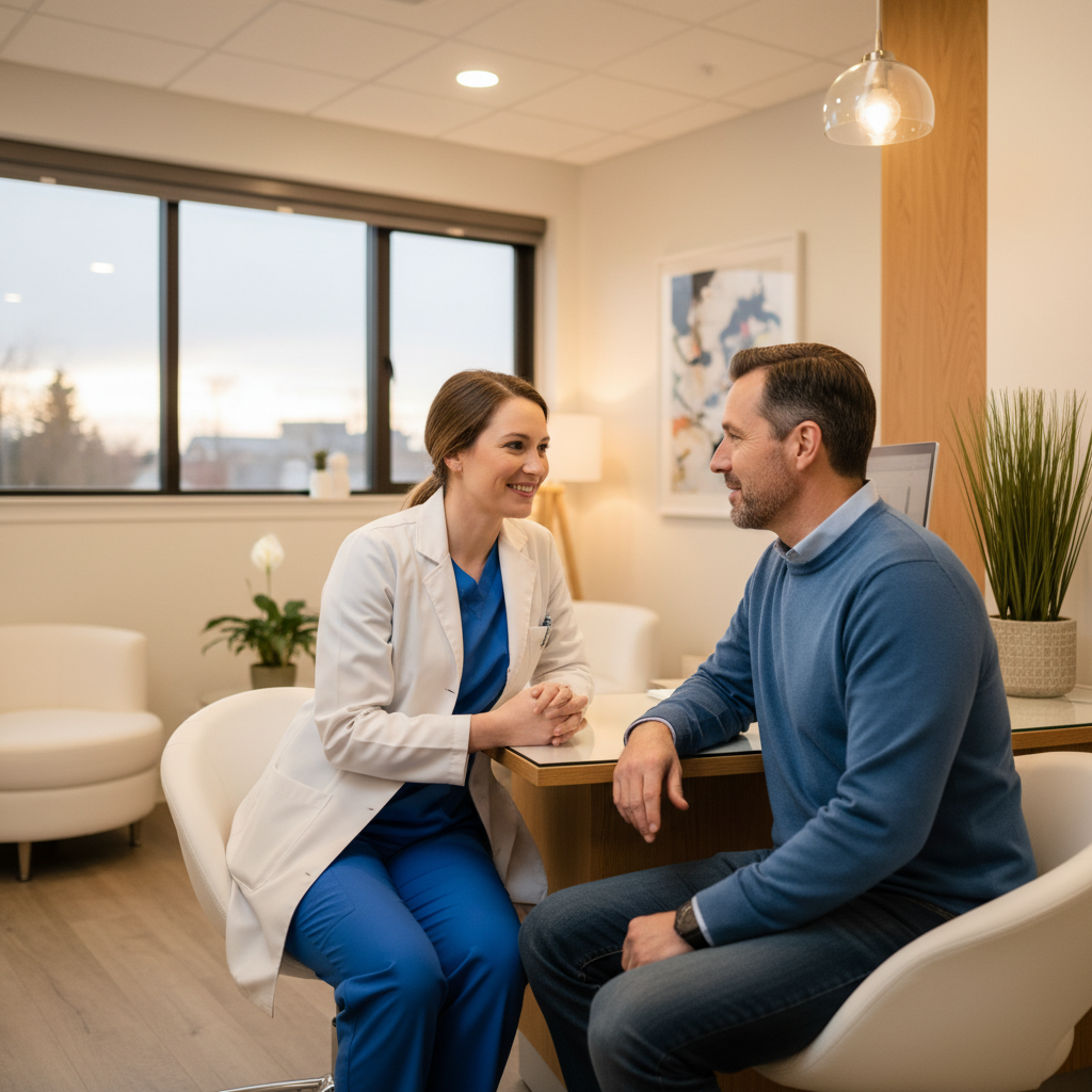 Dentist consulting with patient about dental implant treatment options in a modern dental office