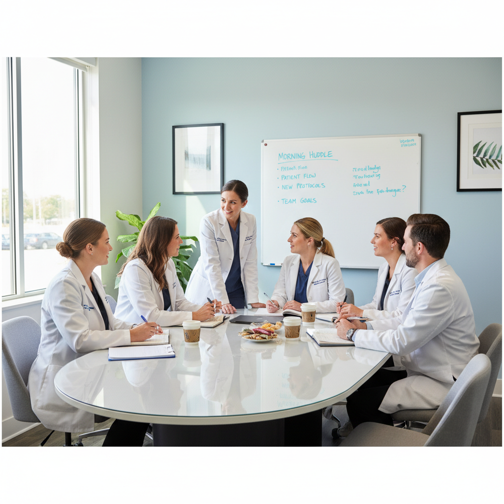 Dental team gathered around conference table during morning huddle case presentation training session