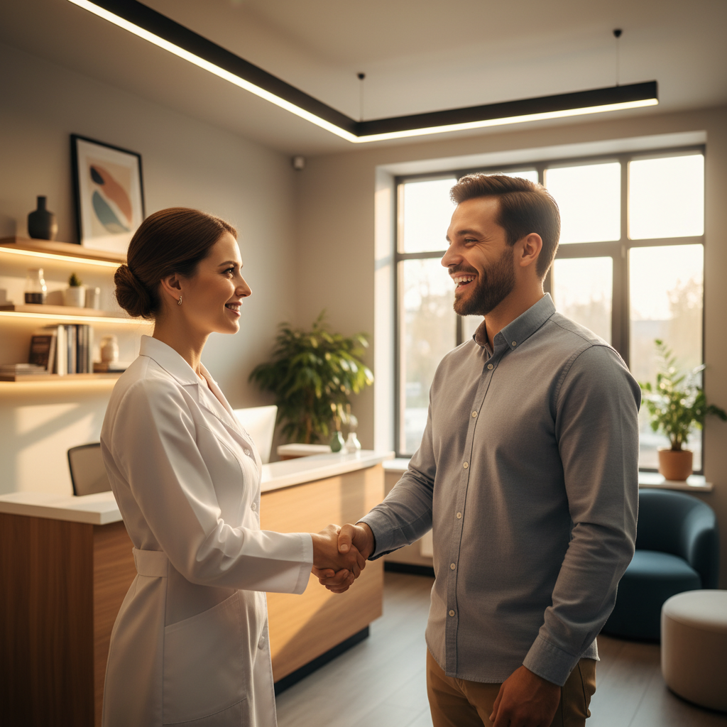 Dentist and dental patient shaking hands after successful implant consultation showing genuine trust