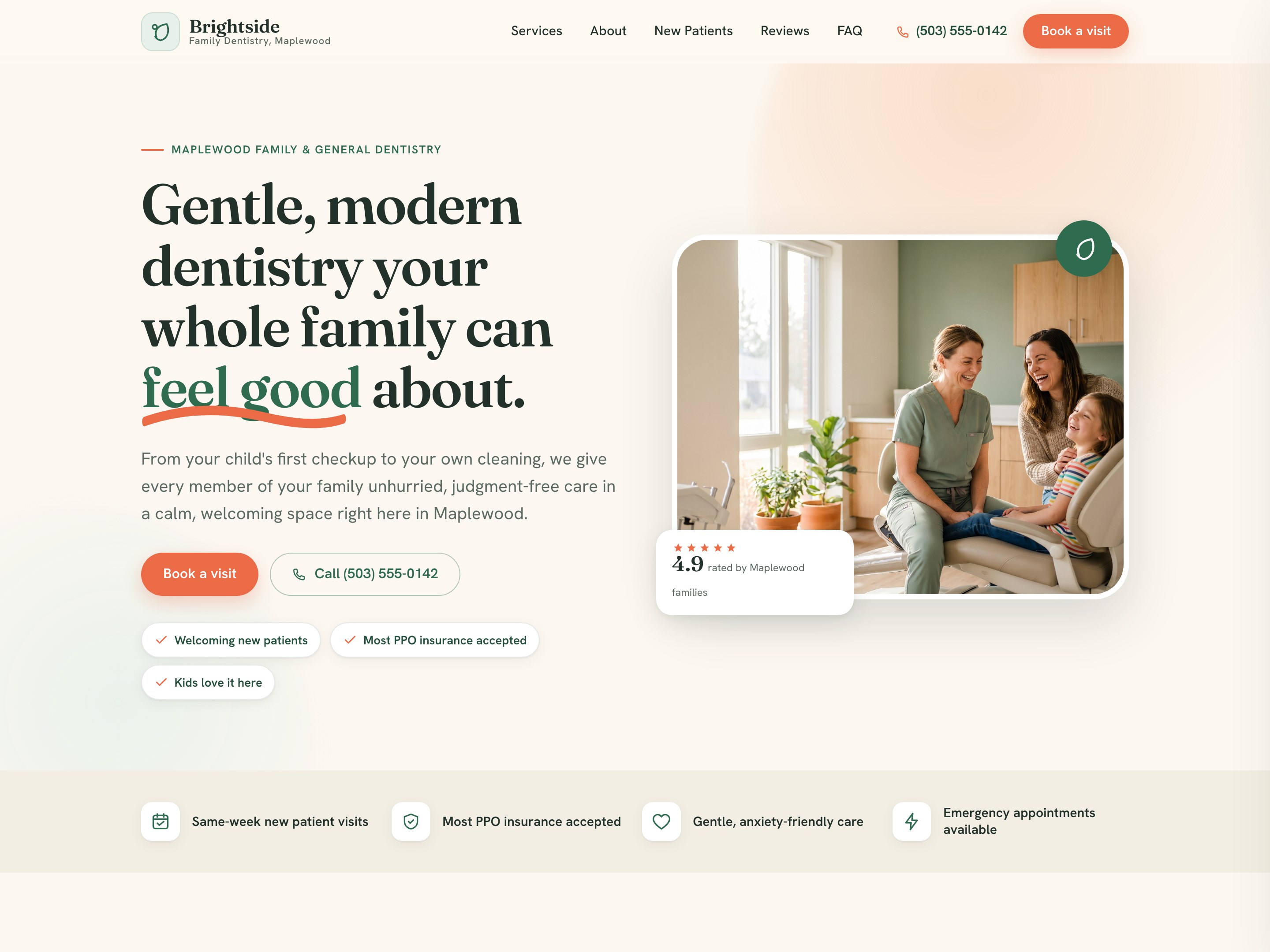Brightside Family dental website template preview