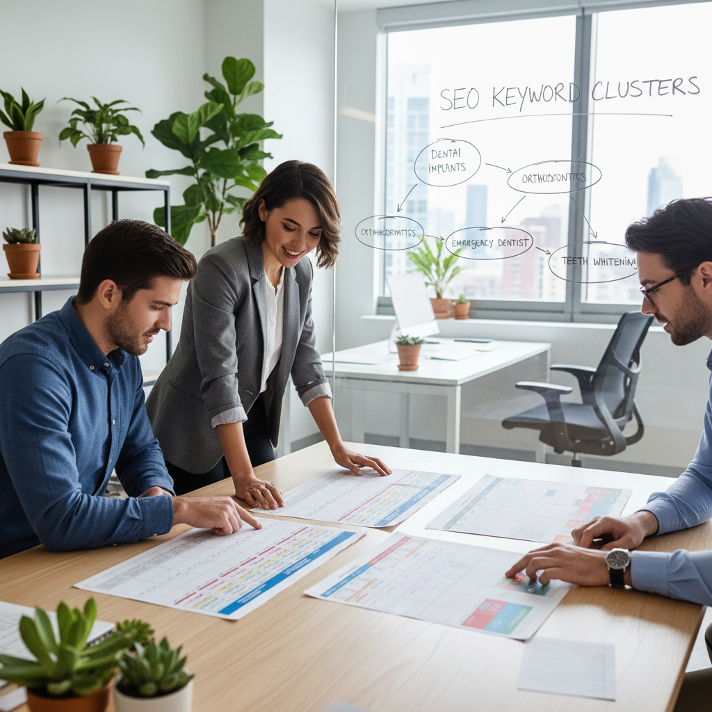 Dental marketing team planning SEO content calendar