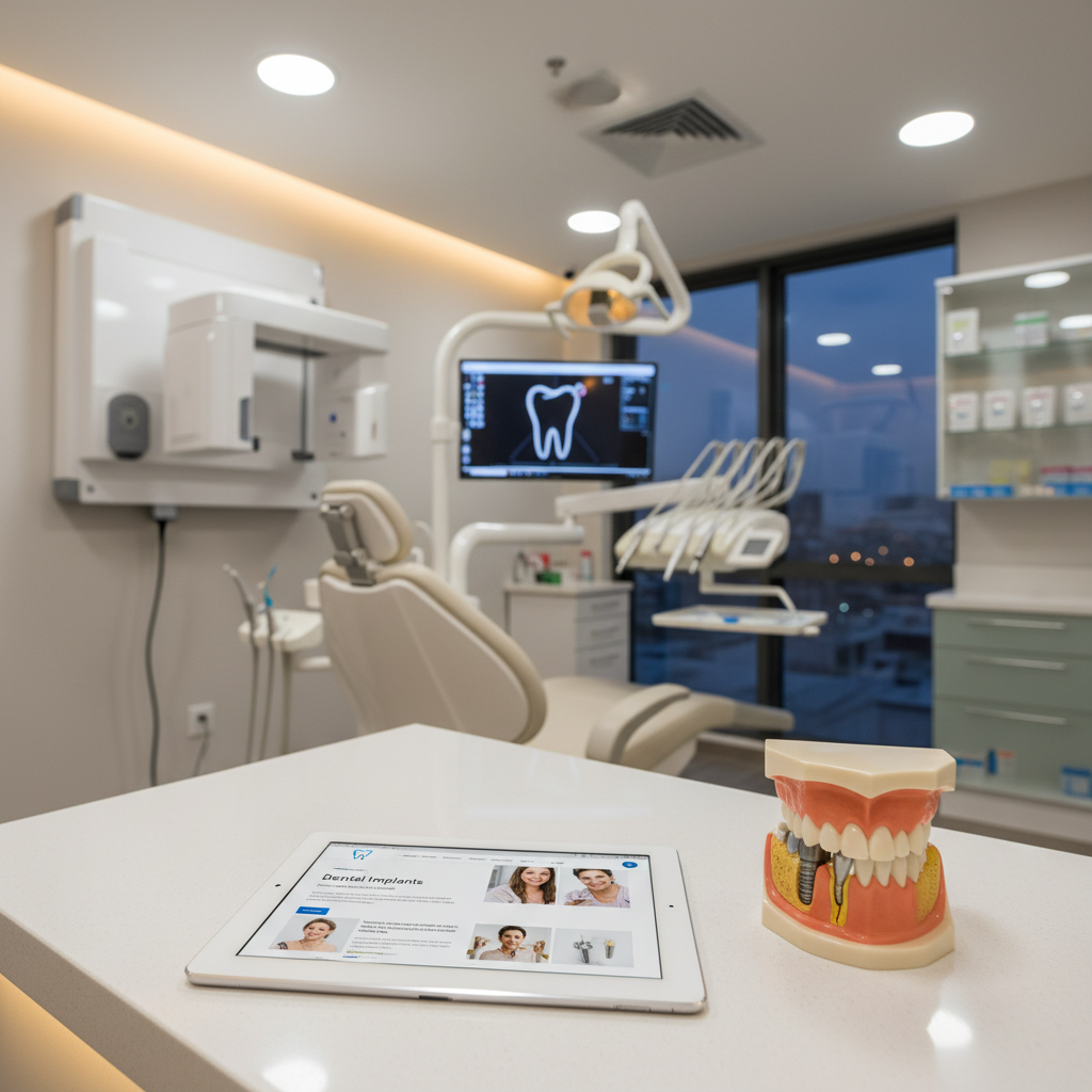 Dental implant model with tablet showing SEO-optimized service page