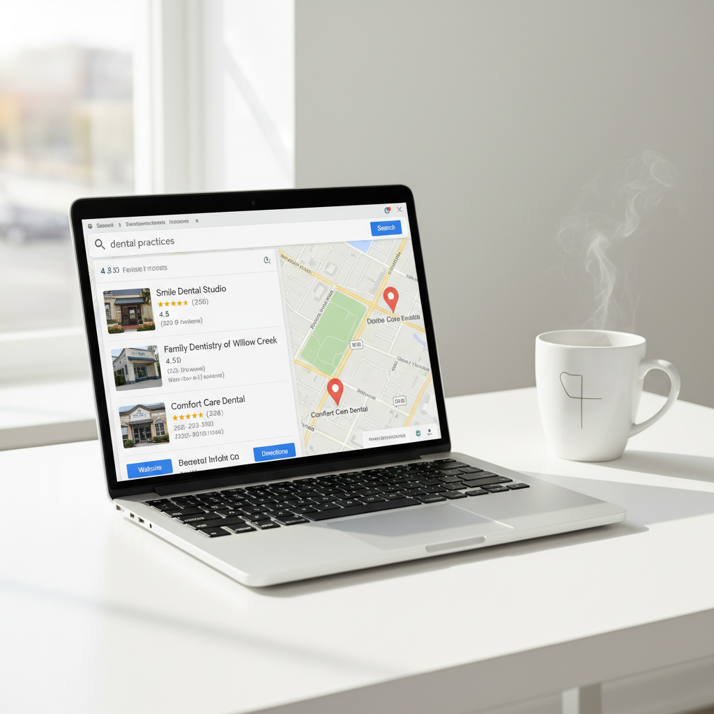 Google Maps local 3-Pack dental practice listings with star ratings