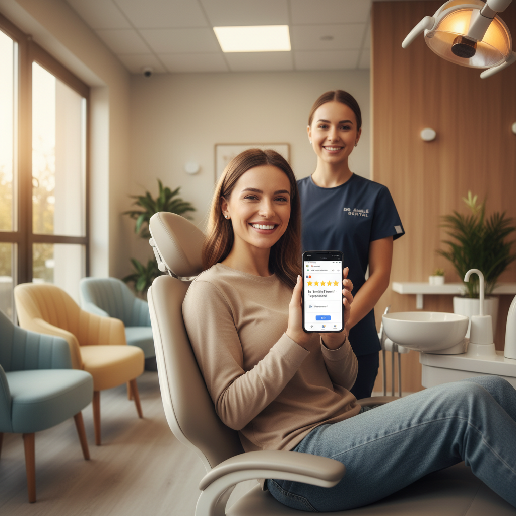 Dental patient leaving 5-star Google review on smartphone