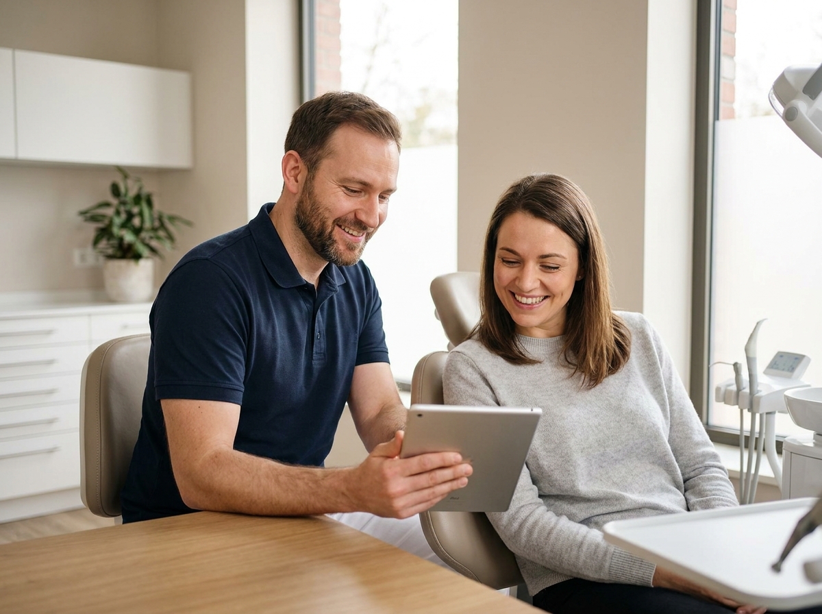 Dentist reviewing a treatment plan with a patient on a tablet