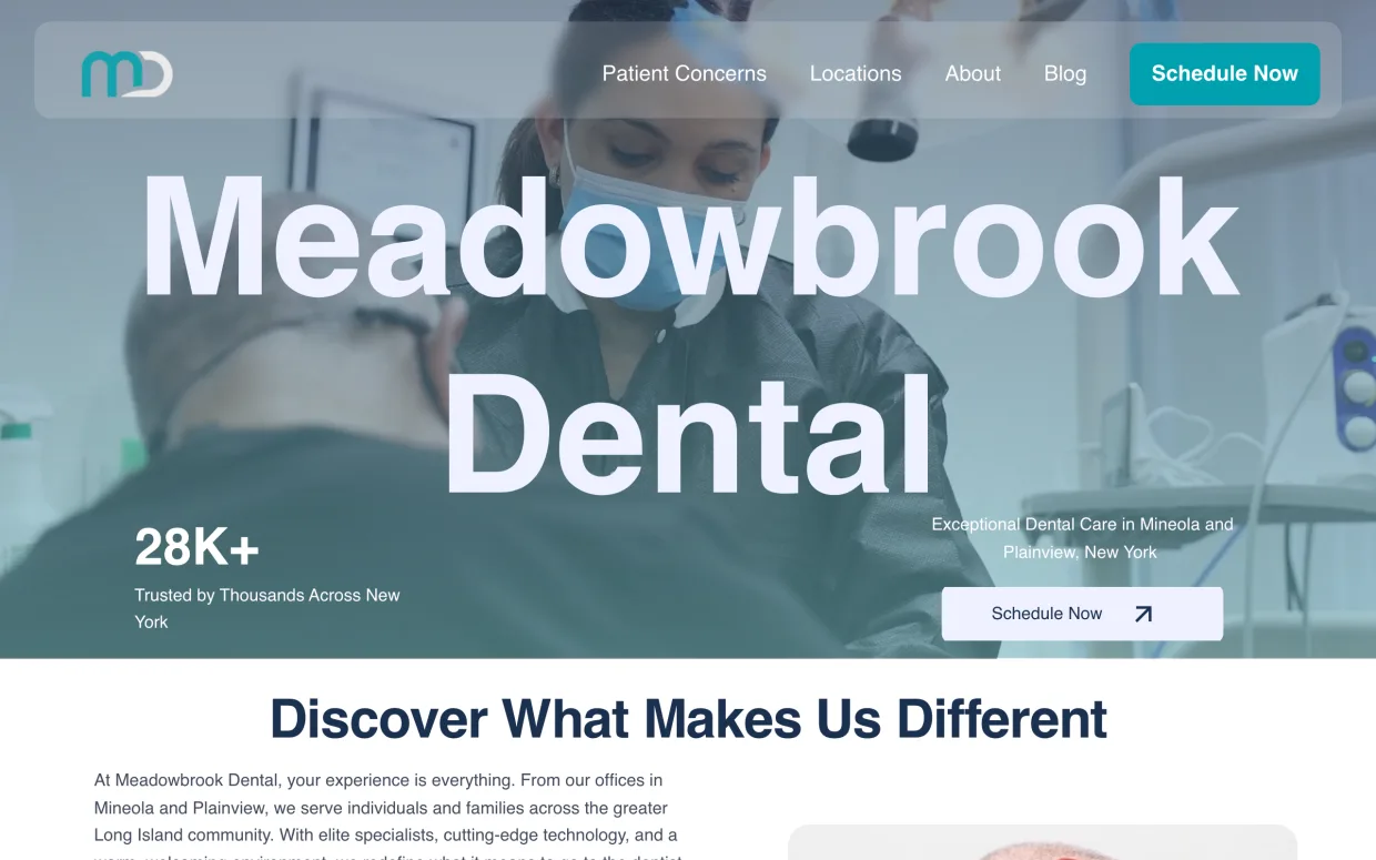 Meadowbrook Dental two-location website built by Closing More Cases
