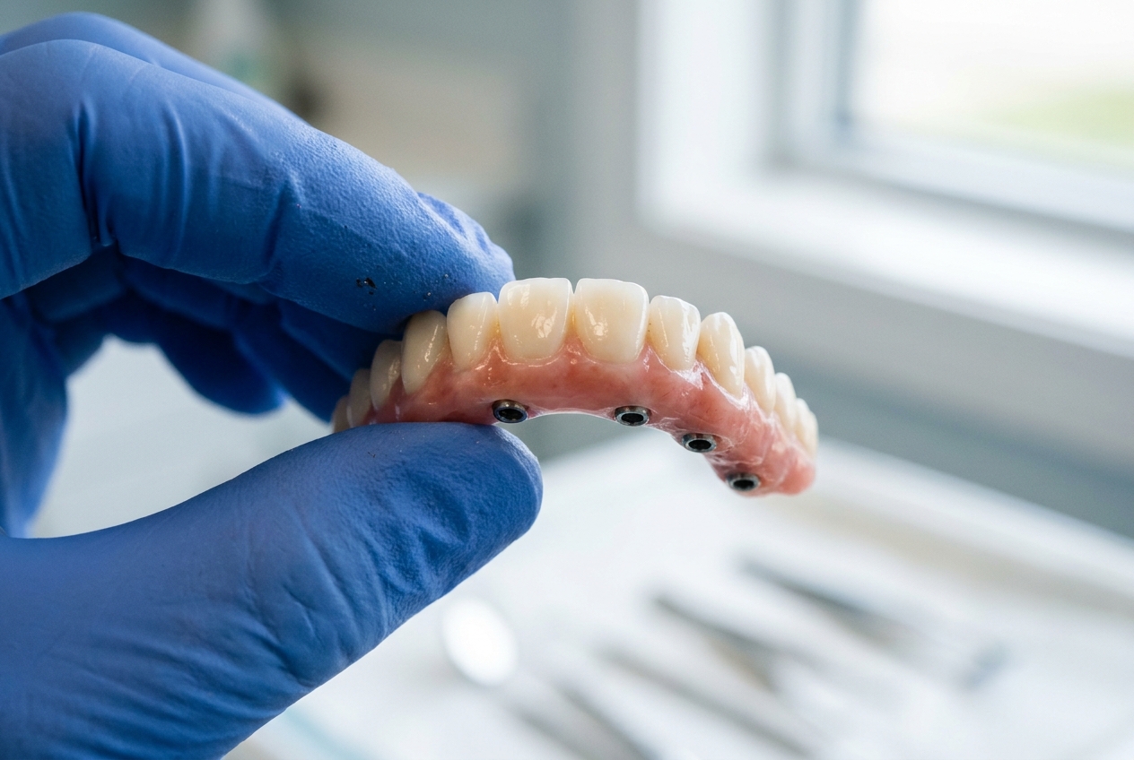 Real All-on-4 full-arch implant prosthesis showing four implant connections, placed in West New York NJ