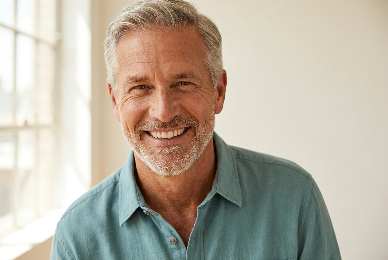 Older man smiling with a full set of teeth after All-on-4 implants