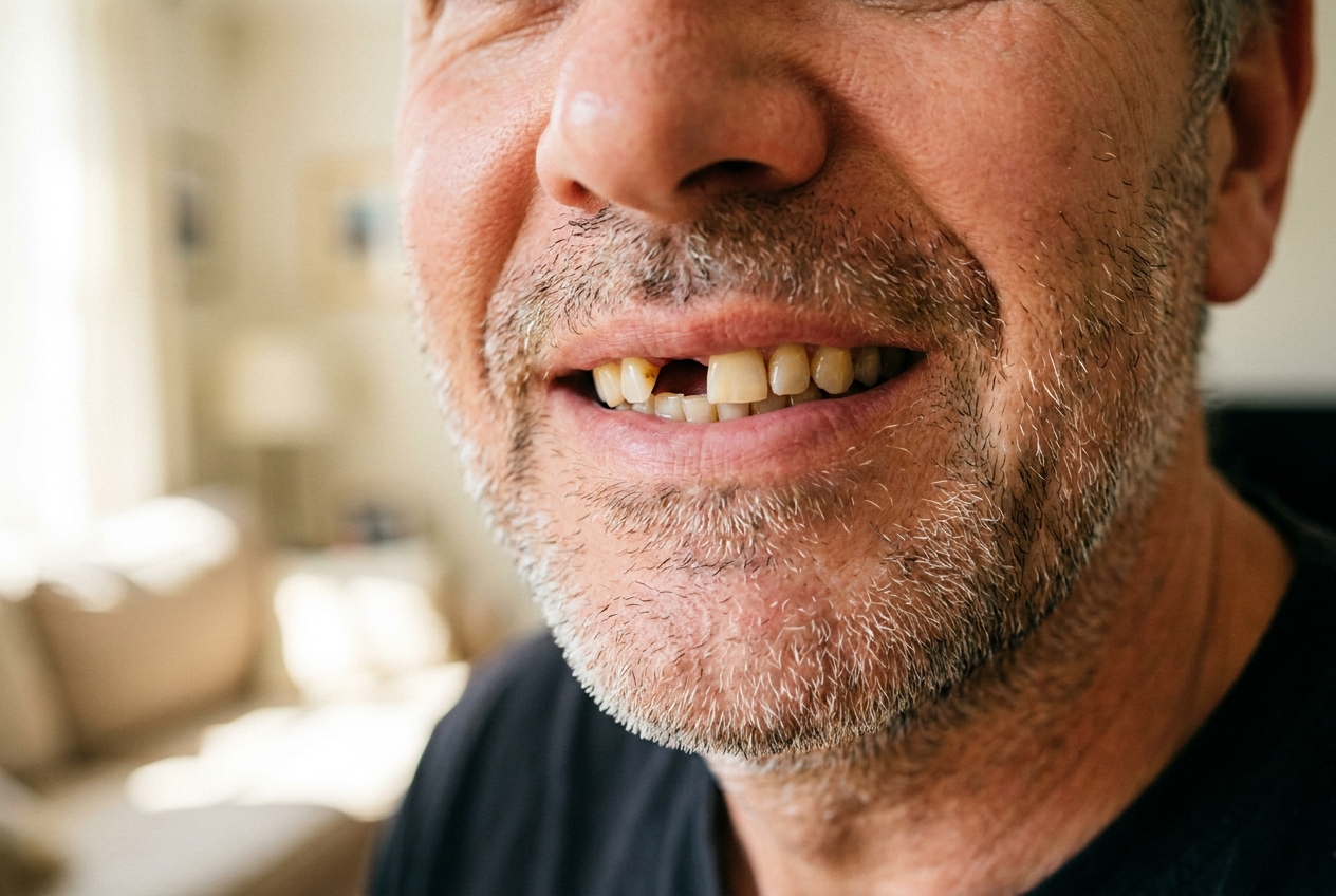 Man with a missing front tooth considering dental implants in West New York NJ