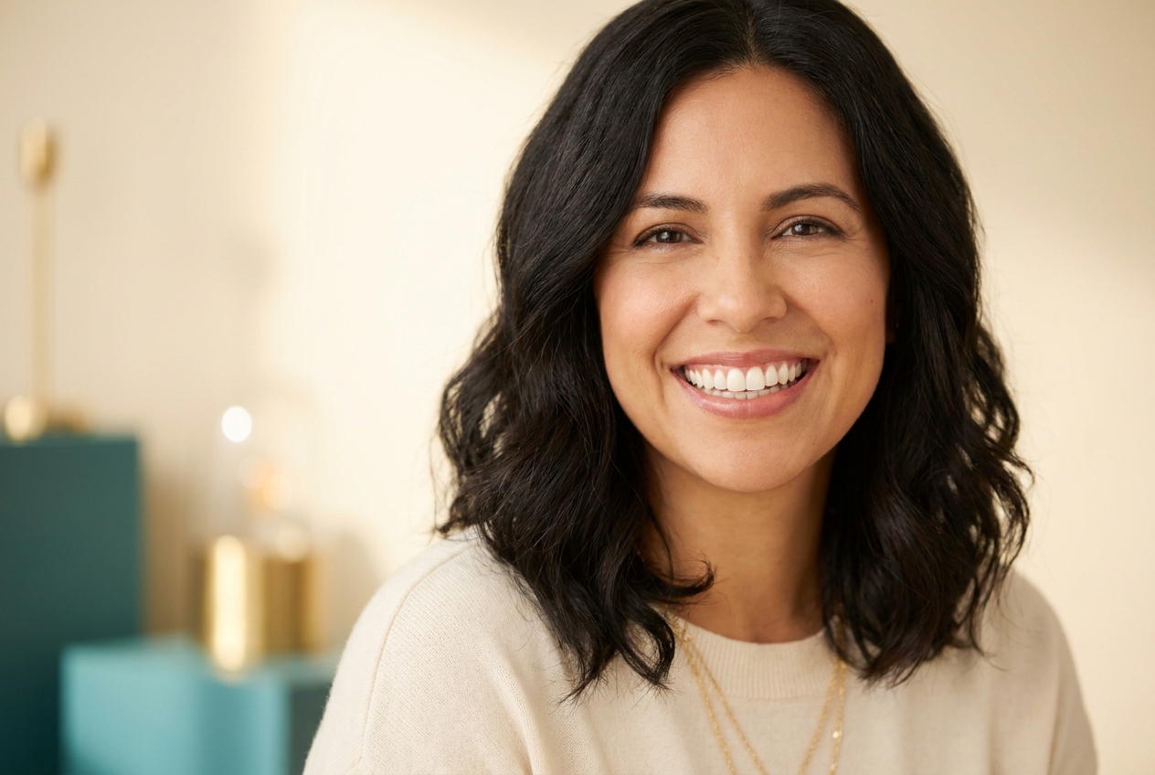 Woman smiling confidently after an implant bridge in West New York