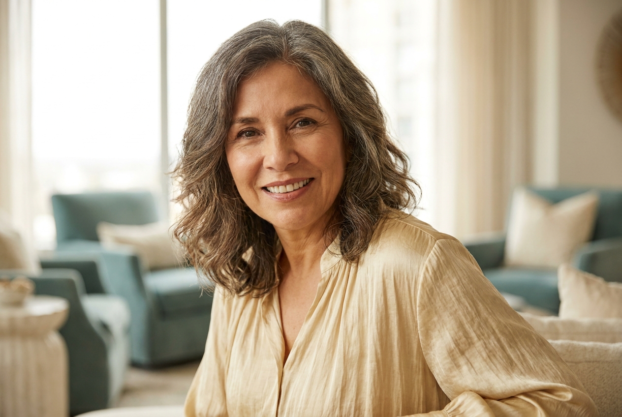 Mature woman with a confident smile after implant-secured dentures