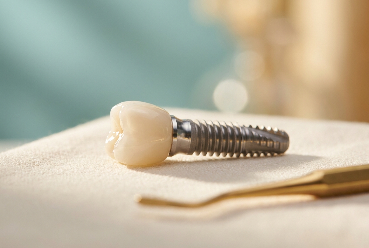 Dental implant showing the titanium post and ceramic crown at Veda Dental Aesthetics in West New York NJ